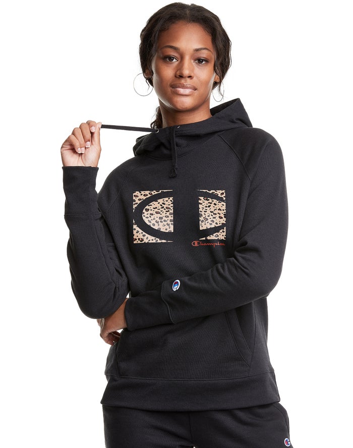 Champion Powerblend Fleece Leopard Colorblock Logo Kadın Kapşonlu Sweatshirt Siyah ( RCUGQT613 )